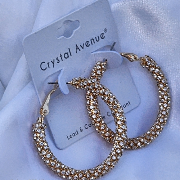 Whats Hot Jewelry Women's Gold Baggette Rhinestone Wrapped 2" Hoop Earrings - Picture 4 of 7